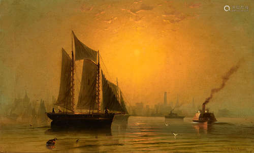 Boats in a harbour at sunset 22 1/8 x 36in (56.3 x 91.5cm) C. A. Le Junaé(French, 19th Century)