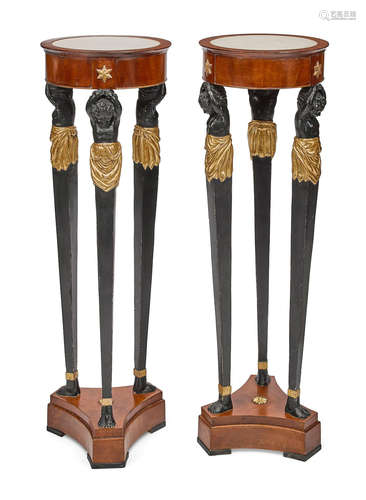 19th century A pair of Empire style parcel gilt ebonized mahogany marble top pedestals