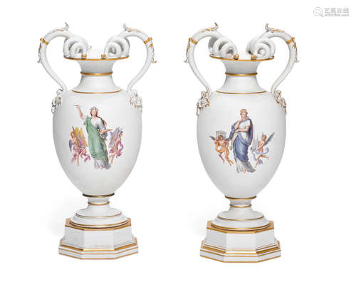 Fourth quarter 19th century A pair of Berlin K.P.M bisque and partial glazed porcelain two handled vases