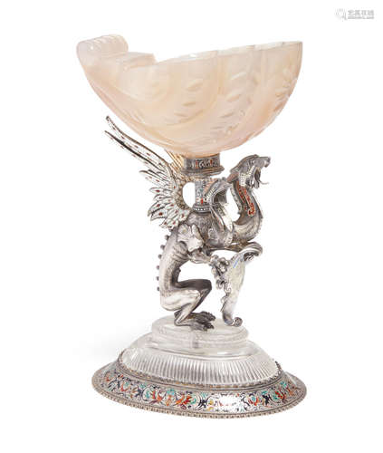 In the manner of Reinhold VastersLate 19th century A Continental Renaissance style enameled silver mounted agate and rock crystal pedestal cup