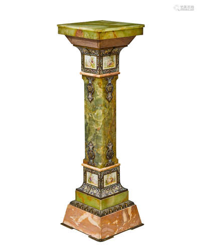 A French porcelain and champlevé enamel mounted onyx and marble pedestal