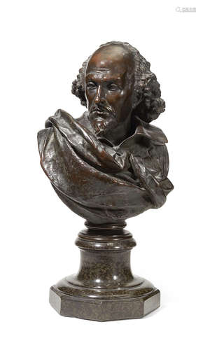 After a model by Carrier Belleuse, Paris 20th century A French patinated bronze bust of William Shakespeare