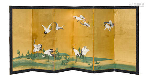 19th century A Japanese six fold floor screen with cranes and young pine ink and color on gold leaf