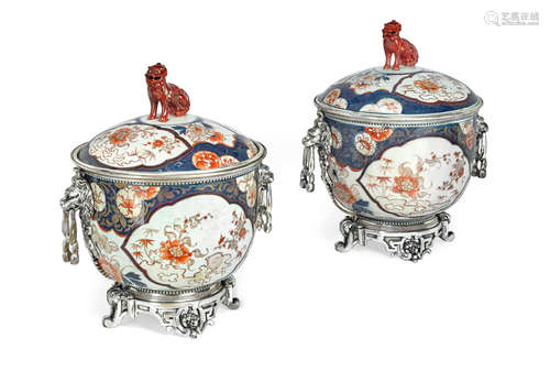 A pair of Louis XVI style silvered bronze mounted Imari porcelain cache pots