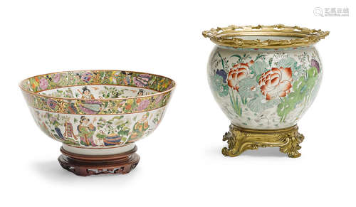 A Louis XV style gilt bronze mounted Chinese porcelain jardinière and a famille rose porcelain punch bowl