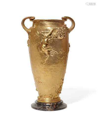 by Joseph Cheret (1839-1934) A French Art Nouveau gilt bronze two handled vase