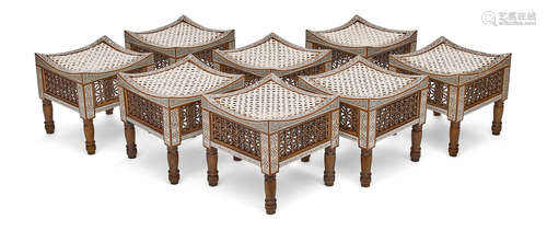 A set of eight Levantine inlaid woven seat stools