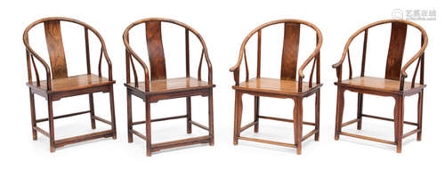 19th/20th century  Two pairs of Chinese hardwood horseshoe back armchairs