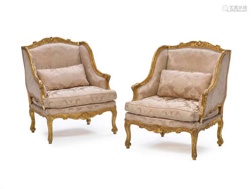 19th century A pair of Louis XV style carved giltwood bergères