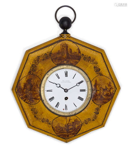 19th century A French paint decorated and transfer printed tôle wall timepiece