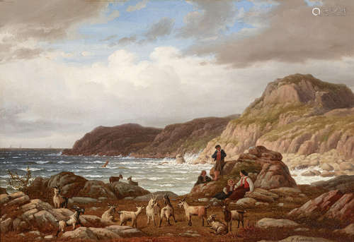 Goat herders resting on a rocky shore 15 1/4 x 22in (38.8 x 56.4cm) Peter(Johann P.) Raadsig (Danish, 1806-1882)