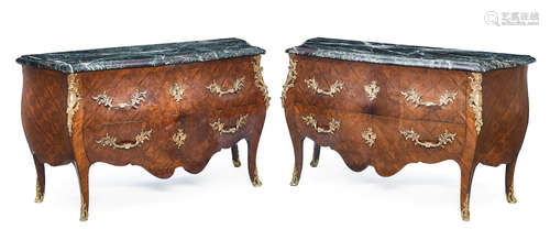 19th century with earlier elements A pair of Louis XV style Parquetry Kingwood Bombe commodes