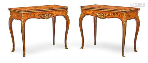 Early 20th century A pair of Louis XV style gilt bronze mounted kingwood and marquetry folding game tables