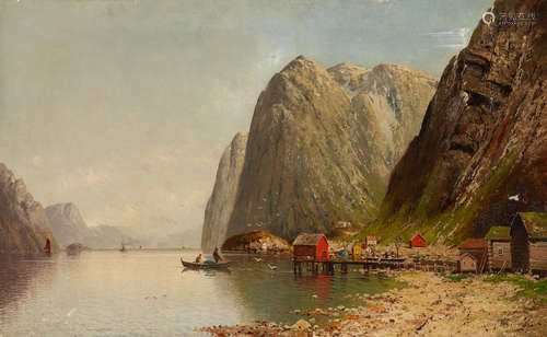 A Norwegian fjord 29 1/2 x 48in (73.7 x 122cm) unframed Olaf Petersen(Norwegian, 19th/20th Century)