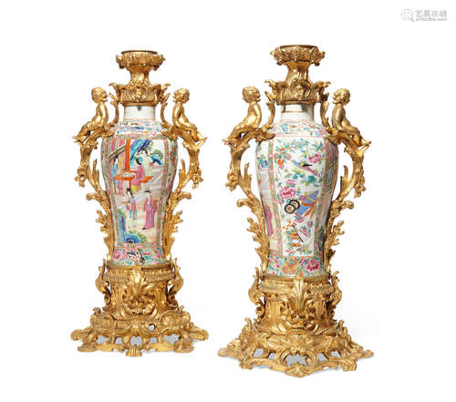 Second half 19th century Pair of French gilt bronze mounted Famille Rose porcelain vases mounted as lamps