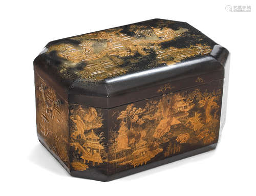 19th century A Chinese export black and polycromed lacquer tea caddy