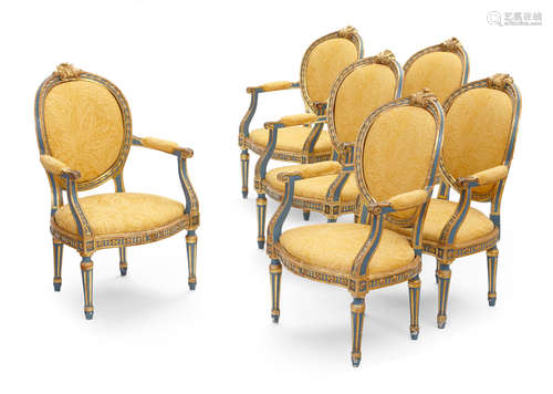 Late 18th century A set of six Louis XVI parcel gilt and blue painted fauteuils