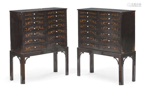 19th century on later stands A pair of English black lacquered and japanned specimen cabinets