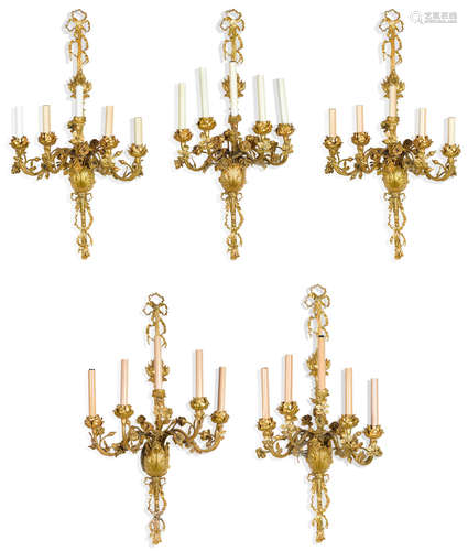 A set of five Louis XVI style gilt bronze five light rose bouquet bras de lumière