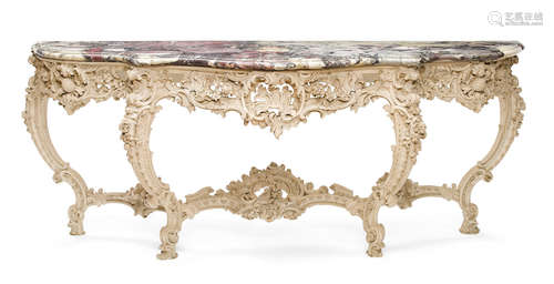 Early 20th century An imposing Louis XV style white painted console with Brèche Violette marble top