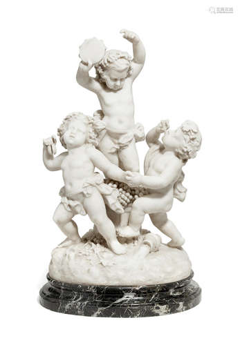 Late 19th century An Italian marble figural group of Bacchic putti on a Verde Antico marble plinth