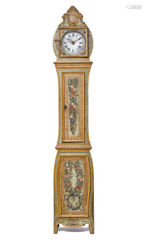 19th century A French Provincial polychrome decorated painted wood tall case clock