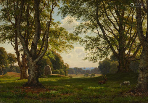 Deer in a wooded landscape with sailing ships beyond 19 x 27 1/4in (48.2 x 69.3cm) Carsten Hendricksen(Danish, 1824-1897)