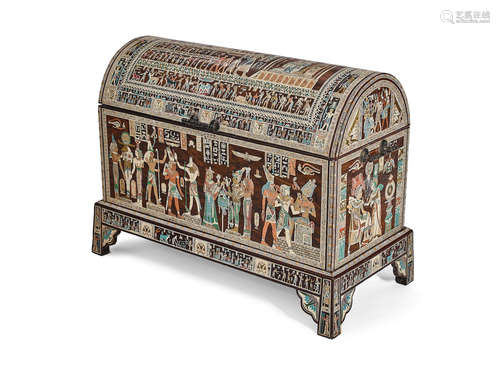 An Egyptian style bone shell mixed metal inlaid domed chest on stand