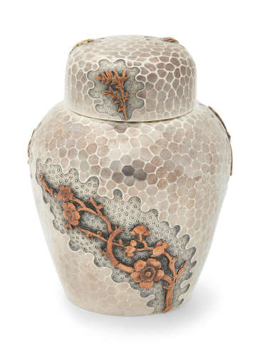 by Dominick & Haff, New York, NY, 1880  An American sterling silver and mixed metal ginger Jar form tea caddy