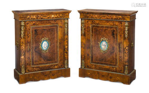 Late 19th century A pair of French gilt bronze and porcelain mounted inlaid walnut side cabinets