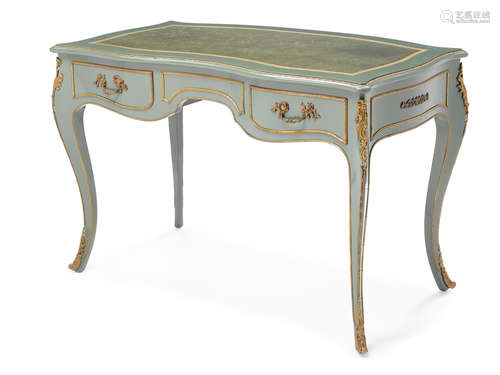 A Louis XV style gilt bronze mounted and green-painted with inset tooled-leather top petit bureau plat