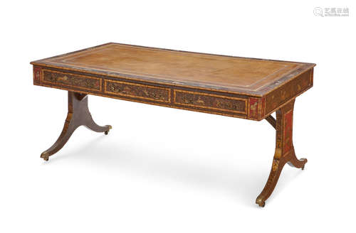 Early 19th century A Regency chinoiserie faux grained and stencil decorated partners desk