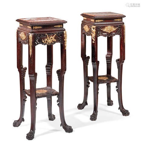 A pair of bronze mounted mahogany pedestals