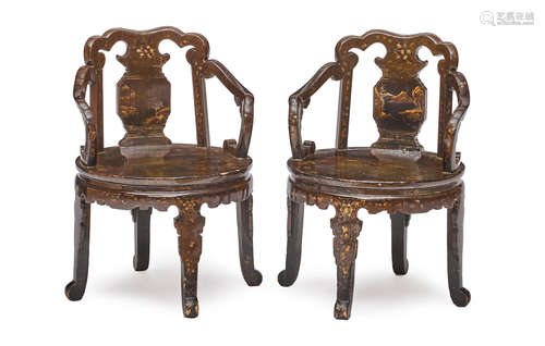 Two Chinese carved and lacquered wood armchairs