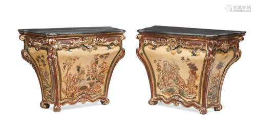 Antique and later A pair of Italian rococo faux marble painted and decorated wood console cabinets