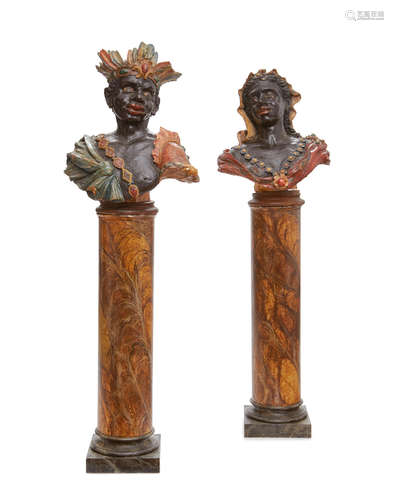 19th/20th century A pair of painted plaster busts on faux marble pedestals