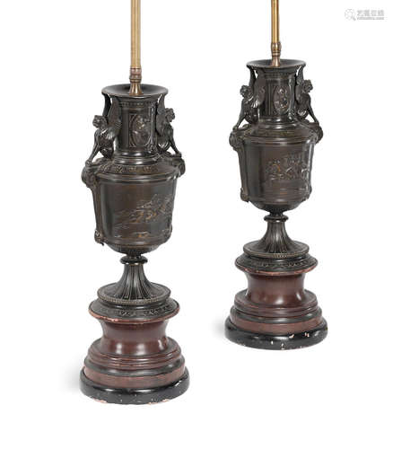 Fourth quarter 19th century A pair of French Pompeian style patinated bronze urns now mounted as lamps