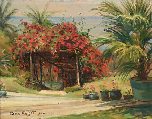 A floral covered path leading to the sea, Jamaica 10 1/2 x 13 3/4in (26.7 x 35cm) Louis Aston Knight(American, 1873-1948)