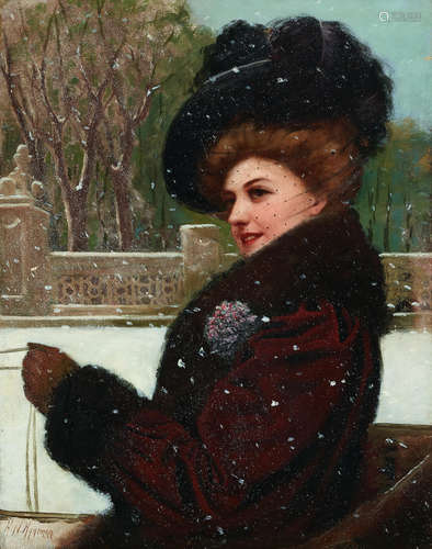 A portrait of a lady thought to be of Lillian Russell holding the carriage reins in the snow 26 x 20in (66.1 x 50.8cm) Herman N. Hyneman(Dutch, 1859-1907)