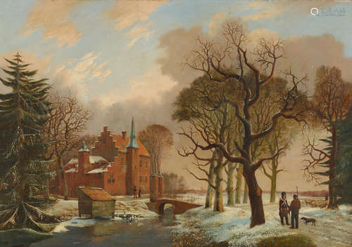 A frozen river landscape with figures on a path 23 x 33in (58.4 x 83.8cm) Attributed to Alexis de Leeuw(Belgian, active 1848-1883)