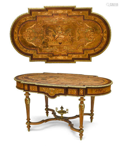 20th century A Napoleon III style gilt bronze mounted marquetry center table