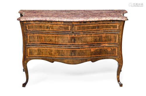 18th century  An Italian Rococo walnut inlaid marble top commode