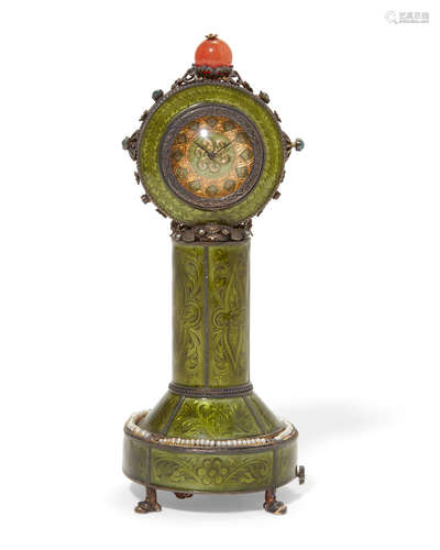 A Continental silver and jeweled enamel combination desk clock and music box