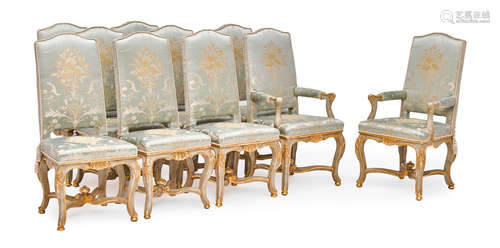 20th century A set of ten Italian rococo style parcel gilt and painted wood dining chairs