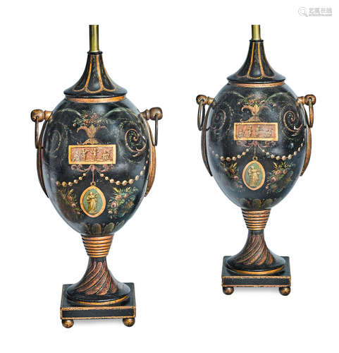 A pair of Continental Neoclassical style painted urn form lamps