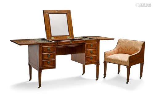 Early 19th century A Continental Neoclassical inlaid walnut and fruitwood dressing table and upholstered dressing chair