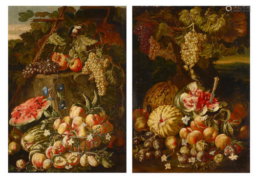 A still life of peaches, pears, grapes, pomegranates, watermelon, with wildflowers and a bird in a landscape; also a companion painting (a pair) each 40 1/2 x 29 1/2in (102.9 x 75cm) Circle of Abraham Brueghel(Antwerp 1631-1690 Naples)