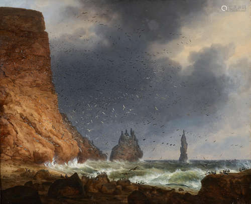 Seabirds off a rocky coastline with stormy skies 24 x 29in (61 x 73.7cm) Christian Ezdorff(German, 1807-1858)