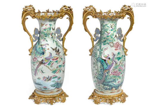 19th century Two fine Louis XVI style gilt bronze mounted porcelain two handled vases