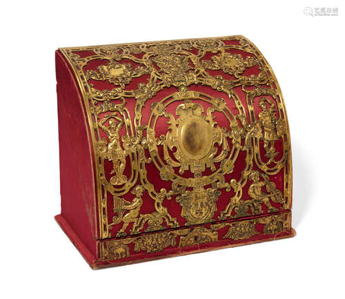 Early 20th century An American Renaissance revival gilt bronze mounted red satin covered stationary holderAttributed to E. F. Caldwell & Co., New York, NY